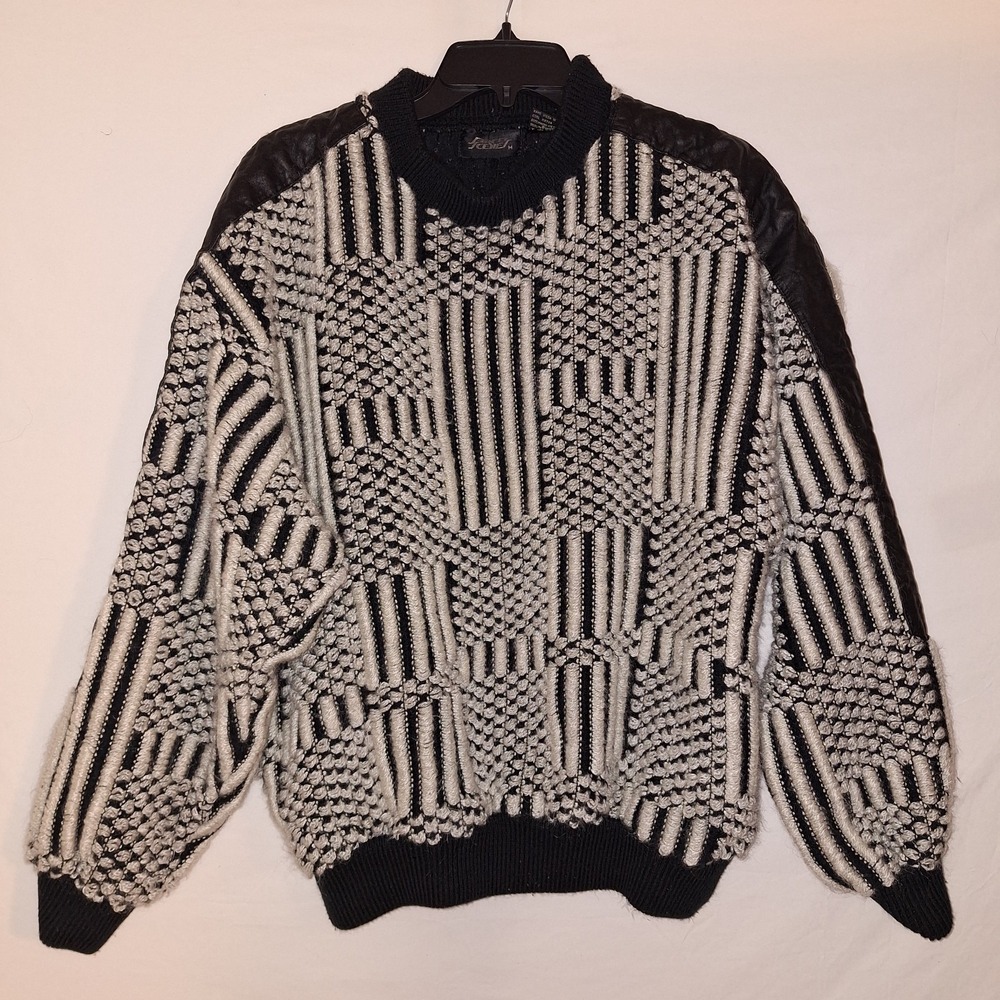 Vintage Street Scenes Sweater Mens M Black White Chunky Knit 90s Leather Patches